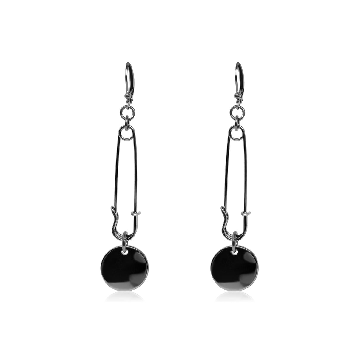 Safety pin chandelier earrings in silver.