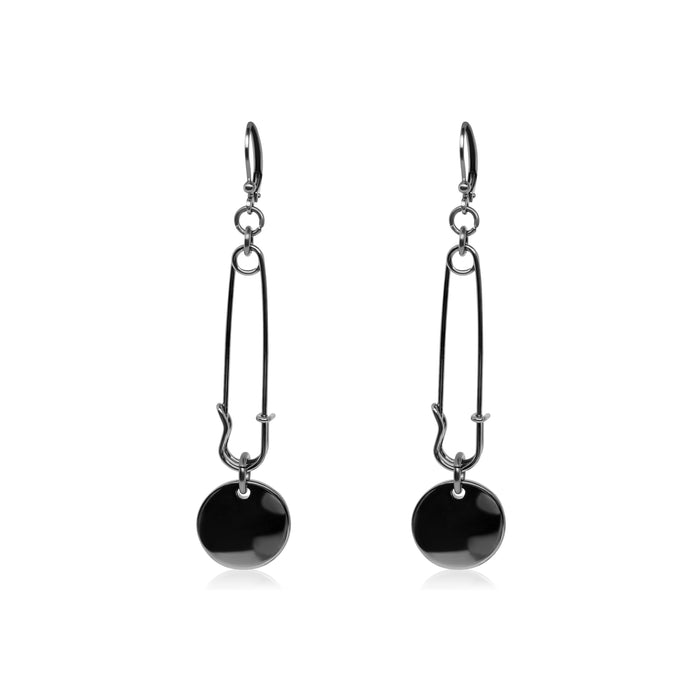 Safety pin chandelier earrings in silver.