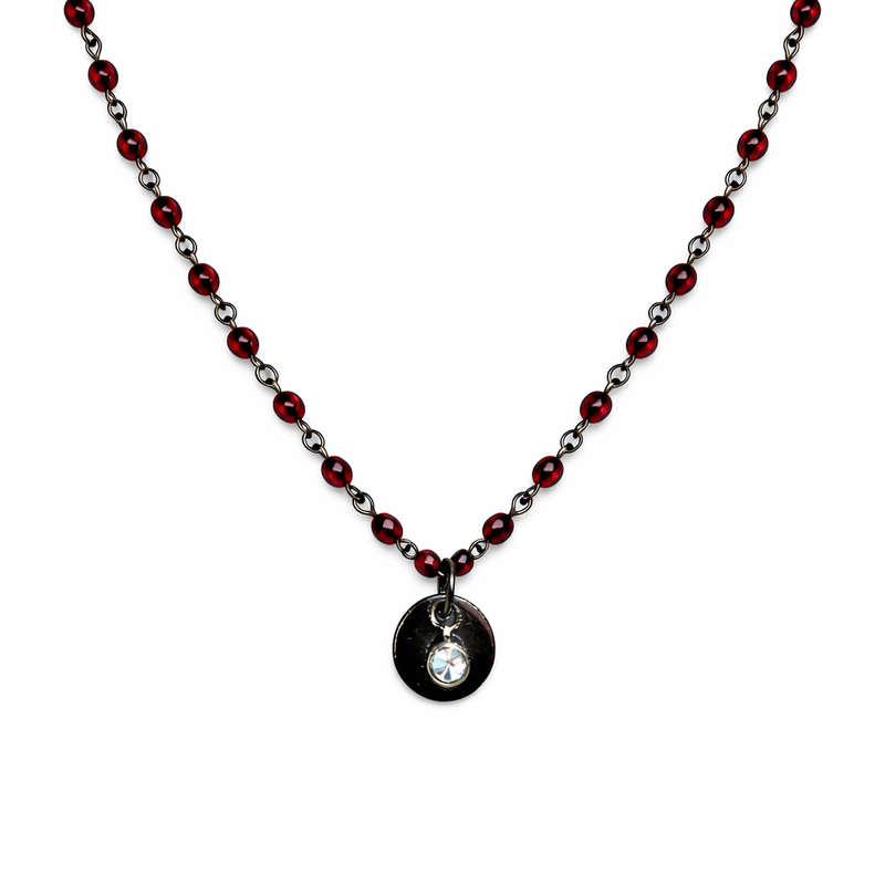 Woman wearing oxidized silver statement necklace