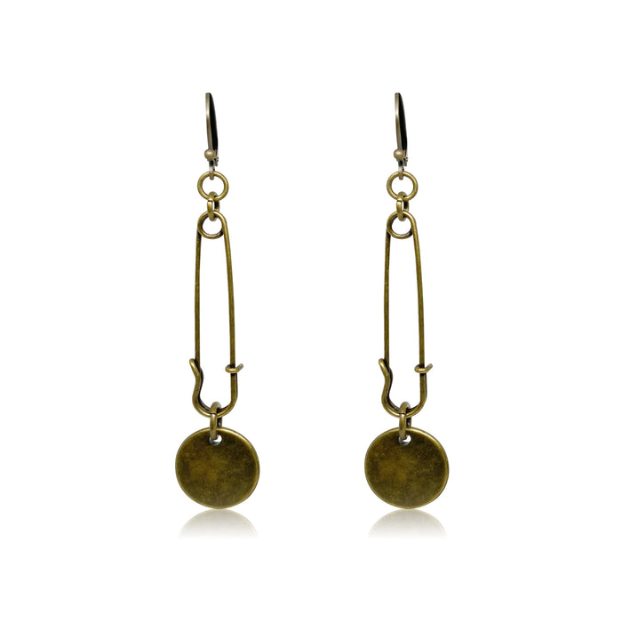 Safety pin chandelier earrings in gold.